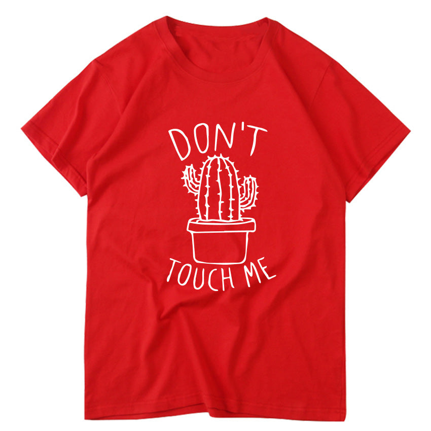 Red women's rock T-shirt featuring cactus graphic and slogan 'DON'T TOUCH ME' for a bold style statement.