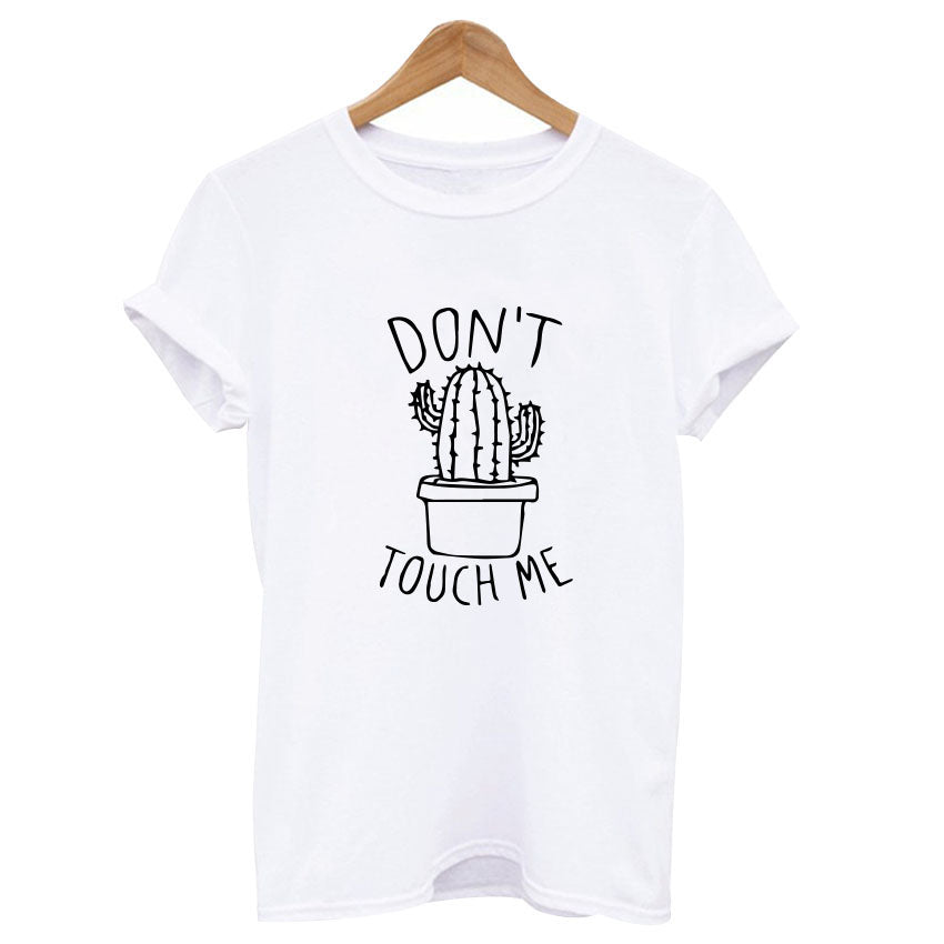 Women's white cactus graphic tee with 'DON'T TOUCH ME' slogan, perfect for rock style outfits.