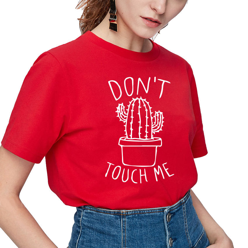 Red rock style women's T-shirt featuring cactus design and 'DON'T TOUCH ME' slogan, perfect for goth fashion.