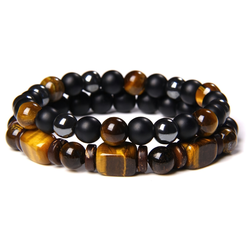 Stylish unisex double color bracelet featuring quality beads in bold black and golden tiger's eye stones.