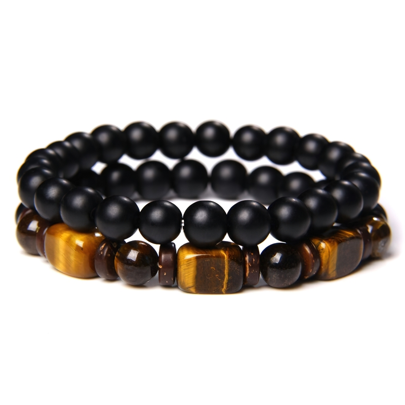 Stylish unisex double color bracelet featuring matte black and tiger's eye beads for casual hand jewelry.