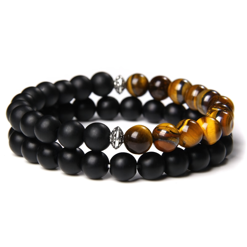 Unisex double color bracelet featuring black and tiger's eye beads, a stylish casual accessory for men and women.