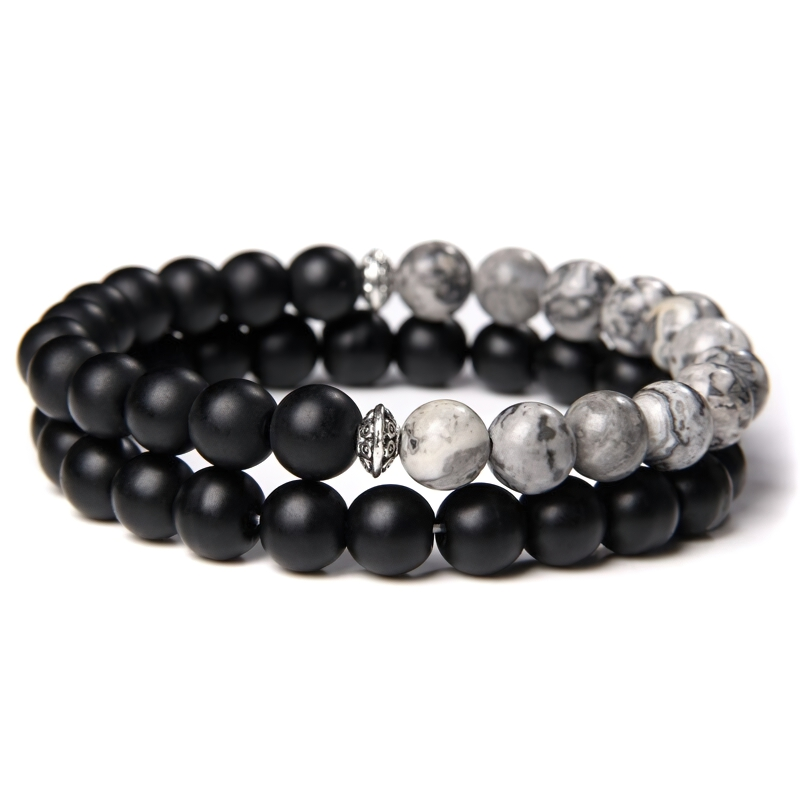 Unisex double color bracelet featuring matte black and grey stone beads, a stylish casual accessory for men and women.