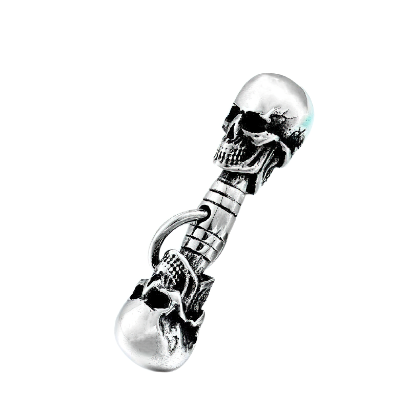 Unisex double-headed skull pendant in stainless steel, trendy rock-style necklace accessory.