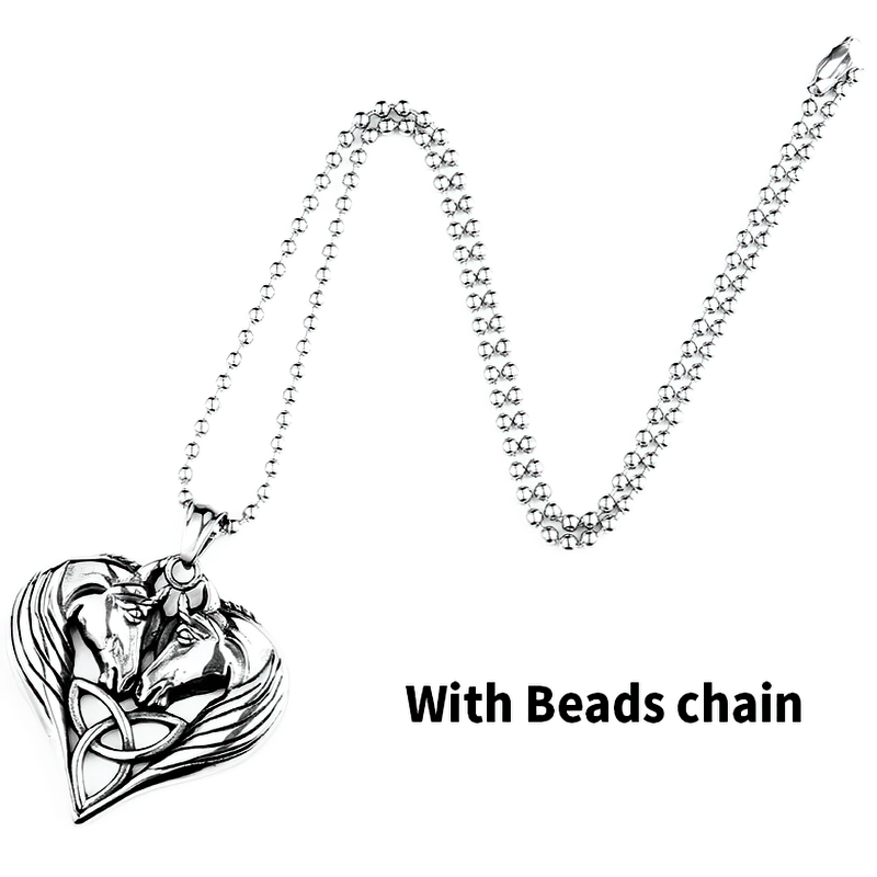 Heart-shaped pendant with double horse heads on a bead chain, stylish unisex stainless steel necklace.