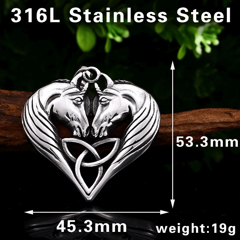 Double horse heads heart pendant in stainless steel, measuring 45.3mm x 53.3mm, casual unisex accessory.