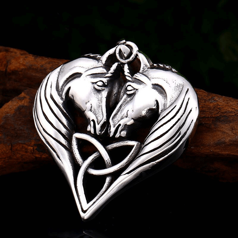 Unisex stainless steel heart pendant featuring double horse heads and intricate design, perfect casual accessory.