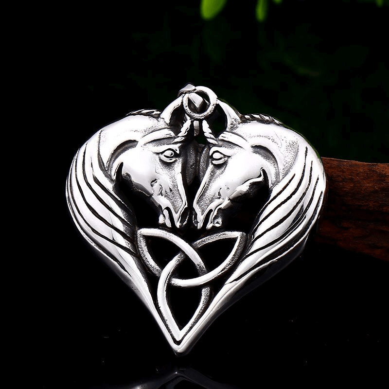 Double horse heads heart-shaped pendant necklace in polished stainless steel, unique unisex casual accessory.