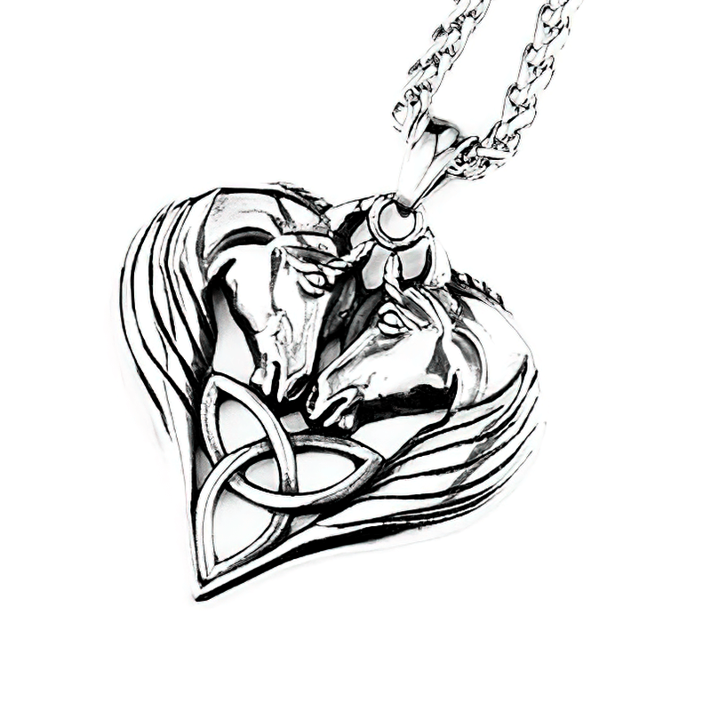 Double Horse Of Heart Shaped Pendant / Fashion Unisex Necklace Of Stainless Steel - HARD'N'HEAVY
