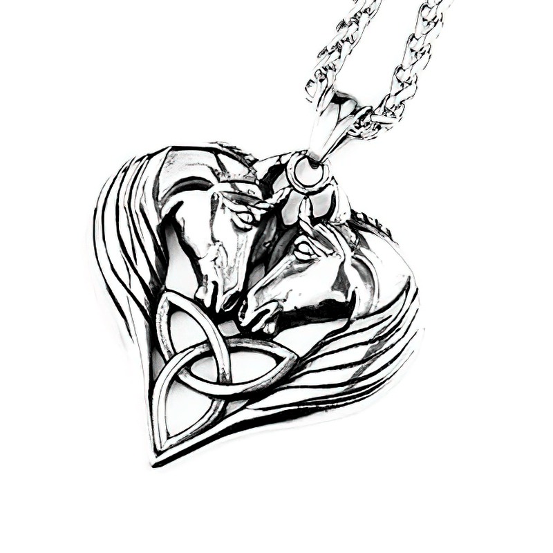 Stylish unisex heart-shaped pendant featuring two horse heads in stainless steel, perfect casual accessory.