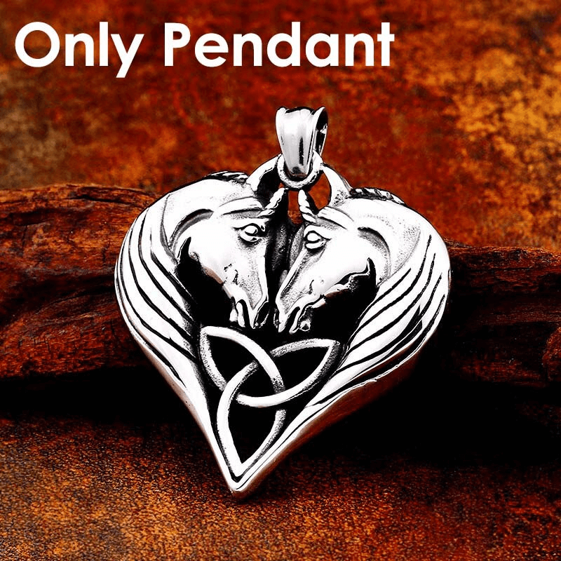 Stylish double horse heads pendant in heart shape, crafted from quality stainless steel for unisex casual wear.
