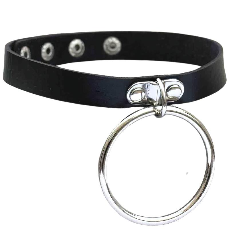 Black PU leather choker necklace with silver circle pendant, stylish punk aesthetic jewelry.
