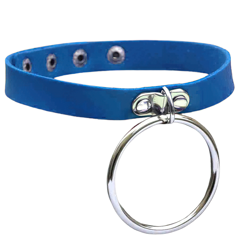 Blue PU leather choker necklace with a silver circle pendant, perfect for gothic and punk aesthetic styles.