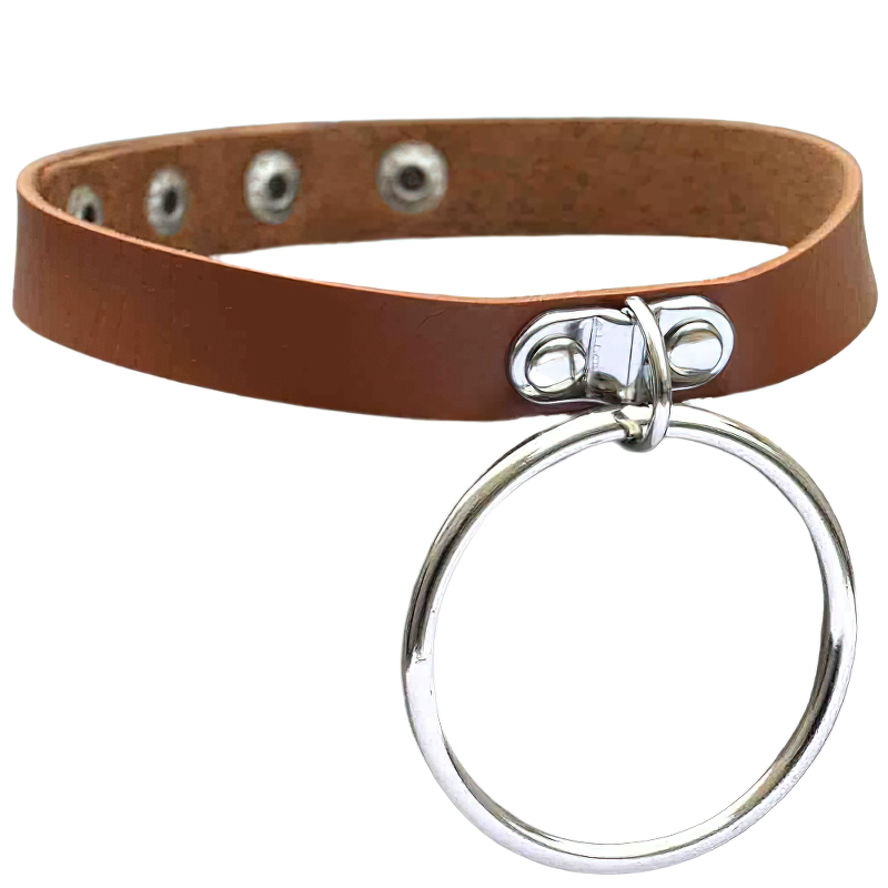 Brown PU leather choker necklace with a silver circle pendant for a punk gothic aesthetic.