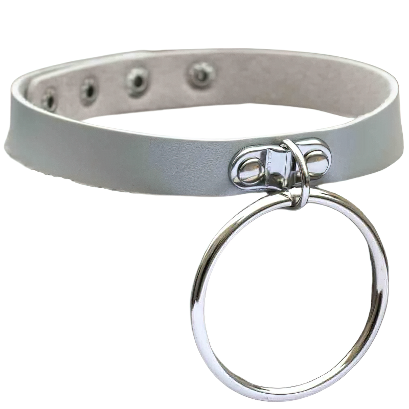 Silver PU leather choker necklace with padlock and circle pendant, perfect for gothic or punk style outfits.