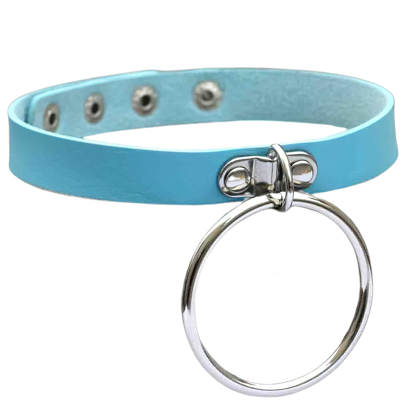 Blue PU leather choker necklace with a silver circular padlock pendant, perfect for punk aesthetic jewelry.