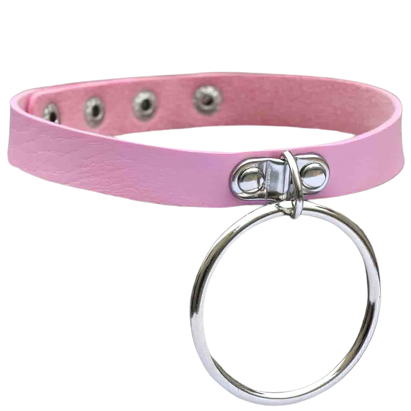 Pink PU leather choker necklace with silver circle pendant, perfect for gothic and punk aesthetics.
