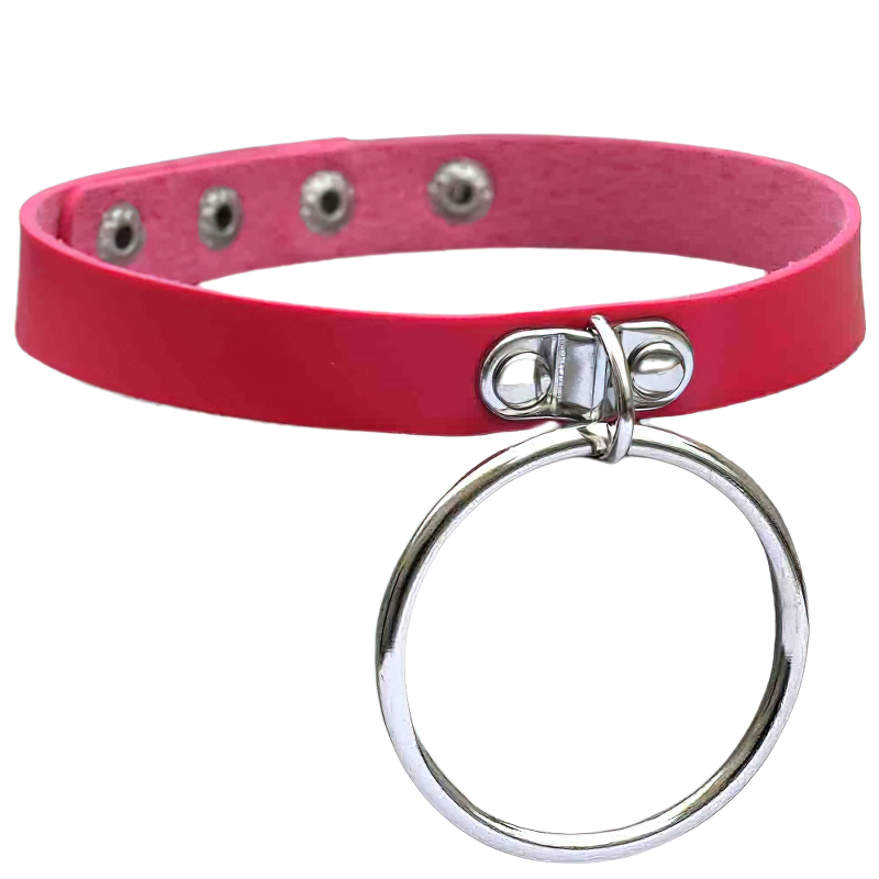 Pink choker necklace with a silver circle pendant, perfect for gothic or punk style outfits.
