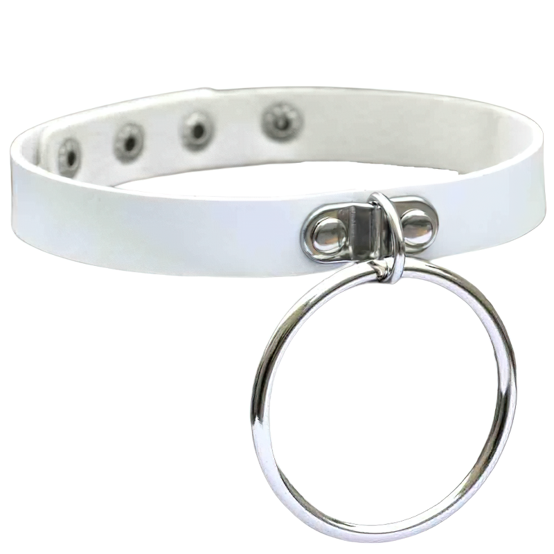 White PU leather choker necklace with silver circle pendant, stylish gothic aesthetic jewelry.