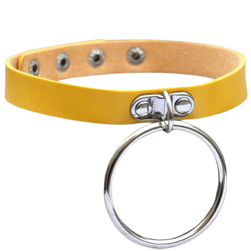 Bold yellow choker necklace with a circular silver ring pendant, perfect for punk and gothic styles.