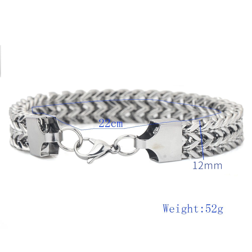 Double side chain bracelet in stainless steel with clasp, measuring 22cm long and 12mm wide, weighing 52g.