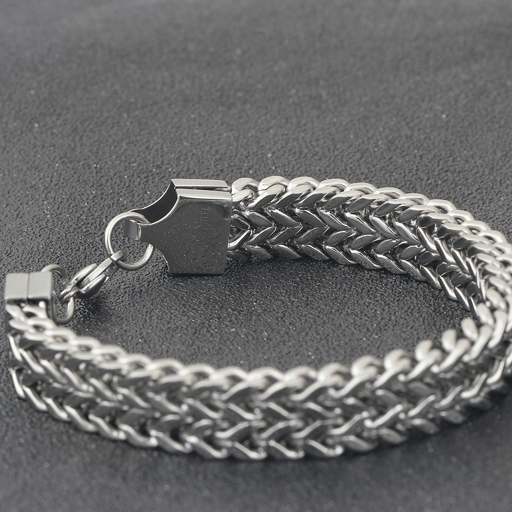 Stylish double side chain bracelet with clasp, perfect for men and women, made of durable stainless steel.
