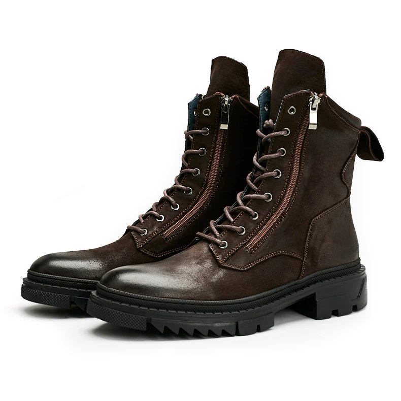 Stylish men's genuine leather motorcycle boots with lace-up and zip detail in dark brown.