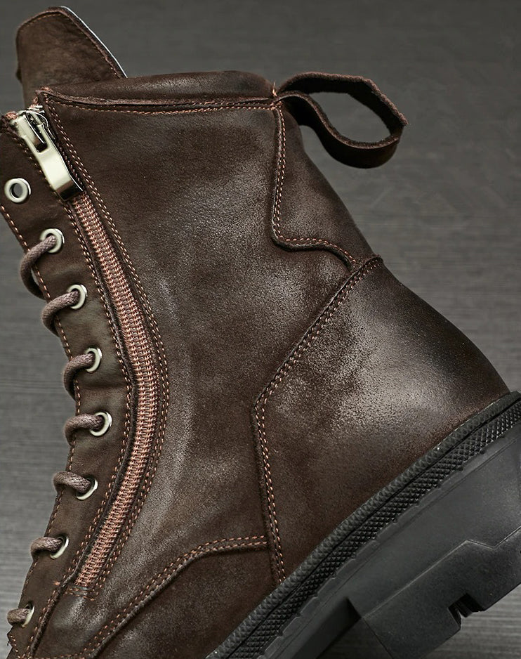 Stylish men's genuine leather motorcycle boots with lace-up design and zipper, perfect for trendy footgear.