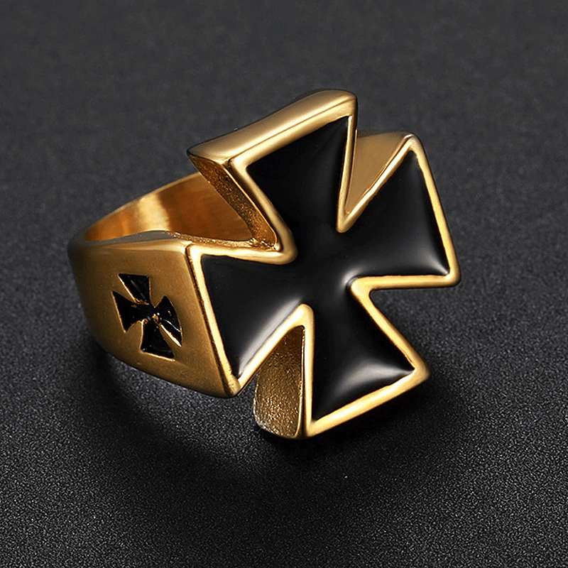 Bold gold and black biker ring with unique cross design, perfect for rock events and motorcycle rides.
