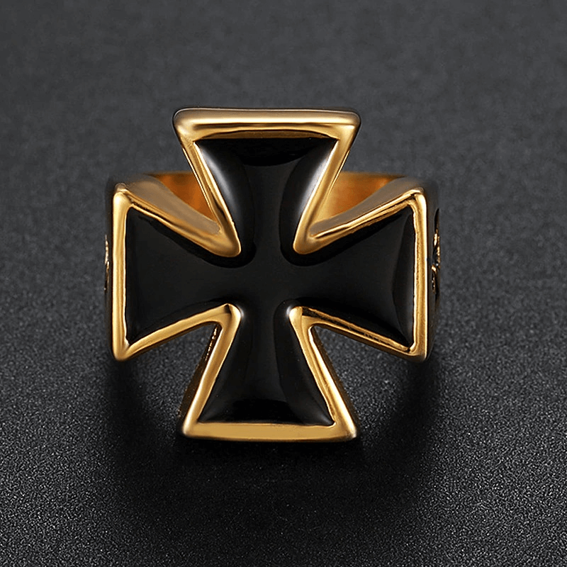 Unique titanium Celtic cross ring with black and gold finish, perfect for bikers and rock style enthusiasts.