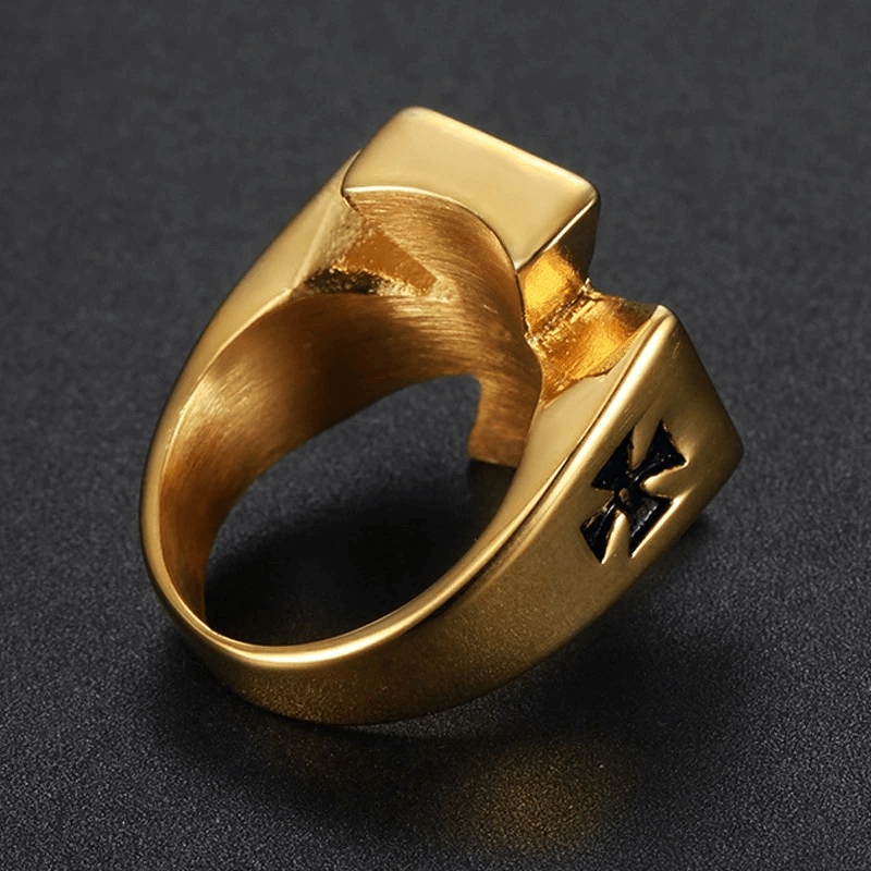 Gold biker ring featuring a unique design with a Celtic cross, perfect for rock style and cosplay events.