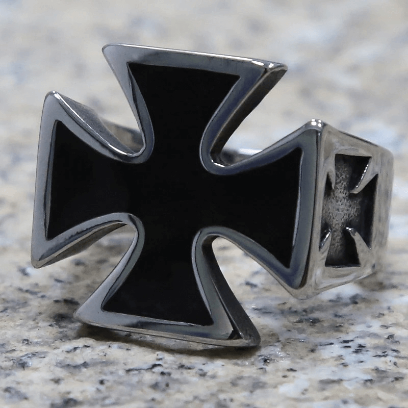 Unique biker Celtic cross ring crafted from stainless steel, perfect for rock events and cosplay parties.
