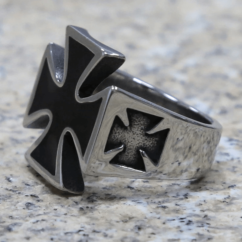Biker unique titanium Celtic cross ring, crafted in stainless steel, perfect for rock style and motorcycling events.