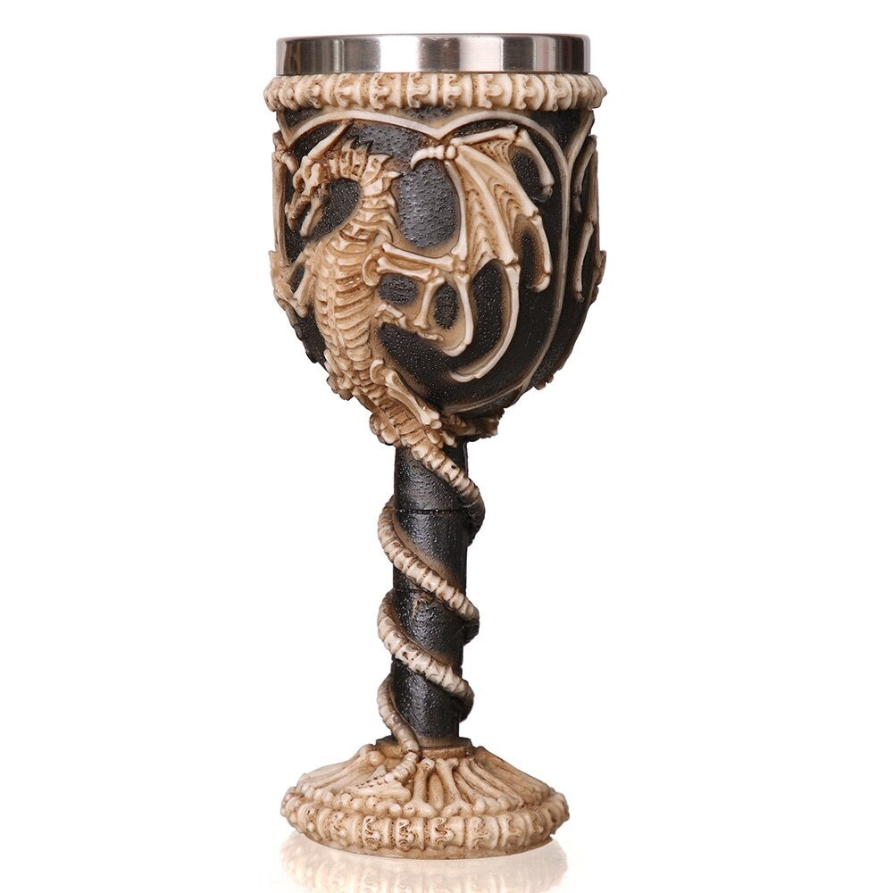 Dragon Bone stainless steel wine glass with gothic dragon design, perfect for cocktails and unique tableware.