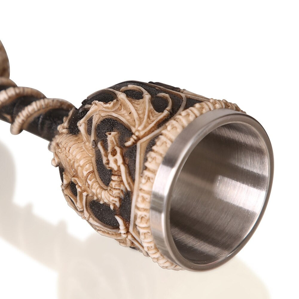 Dragon Bone Stainless Steel Wine Glass featuring a vintage gothic dragon design and silver interior.