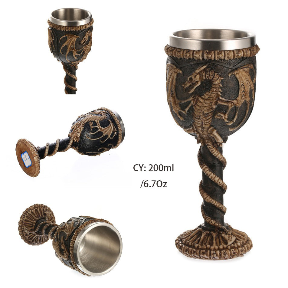 Dragon Bone stainless steel wine glass with gothic design, featuring a dragon motif, 200ml capacity.