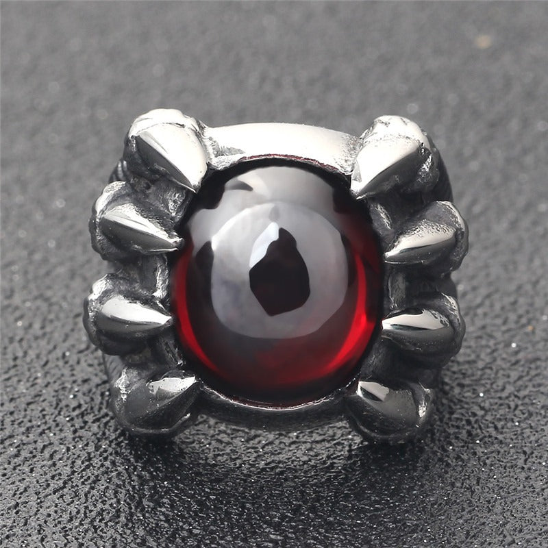 Dragon Claw Stainless Steel Ring with Red CZ Cubic Zirconia  / Silver Color Tone / Gothic Jewelry - HARD'N'HEAVY
