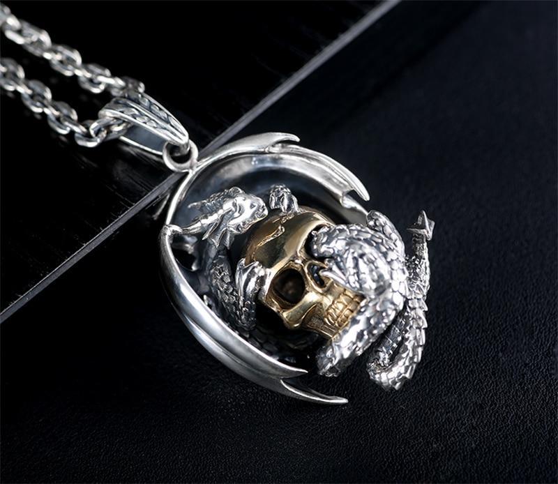 Dragon with Gold Color Skull / 925 Silver Pendant Necklace / Rock Style Biker Sterling Jewelry - HARD'N'HEAVY