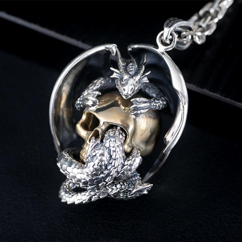 Dragon with Gold Color Skull / 925 Silver Pendant Necklace / Rock Style Biker Sterling Jewelry - HARD'N'HEAVY