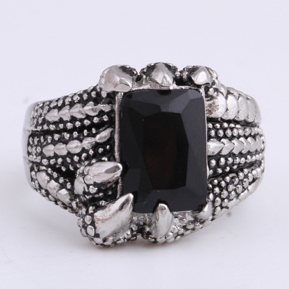 Dragon's Claws Ring featuring a black precious stone in rugged stainless steel, perfect for punk style enthusiasts.