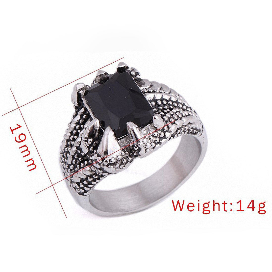 Unique dragon's claws ring with black precious stone, stainless steel, punk style, rugged biker jewelry.