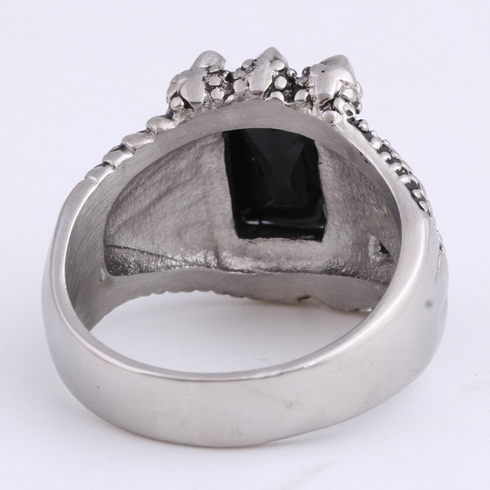 Back view of Dragon's Claws Ring with black precious stone in rugged stainless steel design.