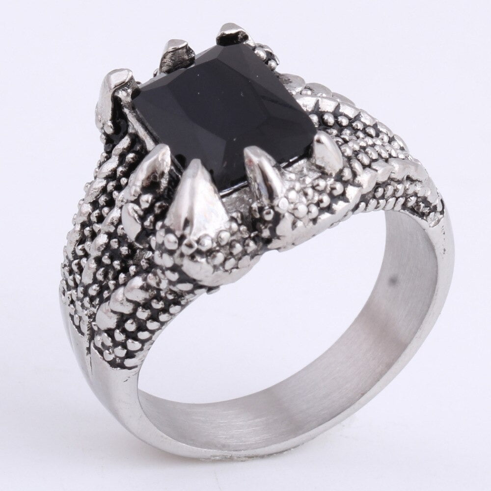 Dragon's Claws Ring with black precious stone, unique punk style stainless steel jewelry for bikers.