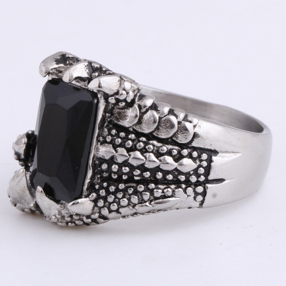 Dragon's Claws Ring with Black Stone in Stainless Steel - Punk Style Jewelry, Unique Design for Bikers.