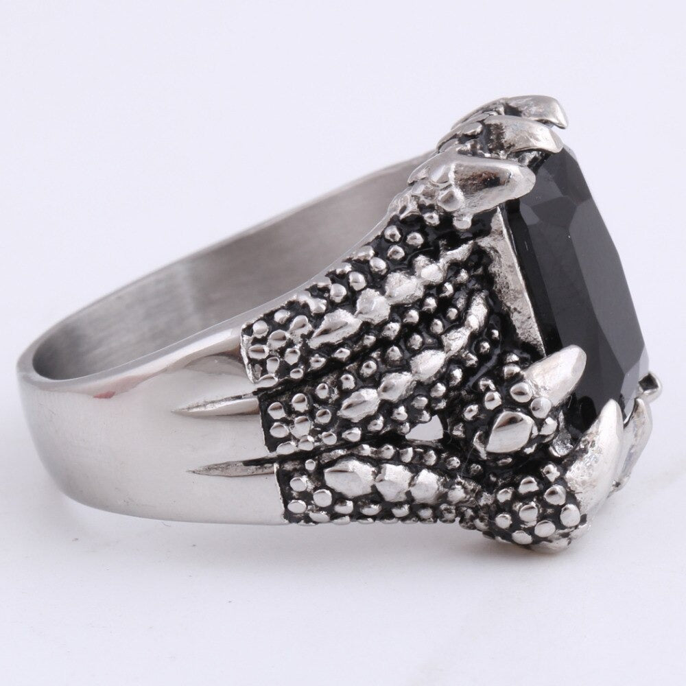 Dragon's Claws Ring with black stone, rugged stainless steel jewelry for punk style enthusiasts.