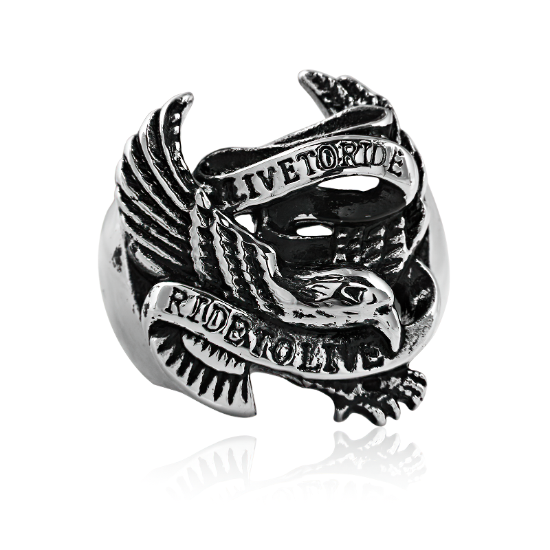 Eagle unisex metal ring with 'Live to Ride' and 'Ride to Live' banner, perfect biker accessory for men and women.