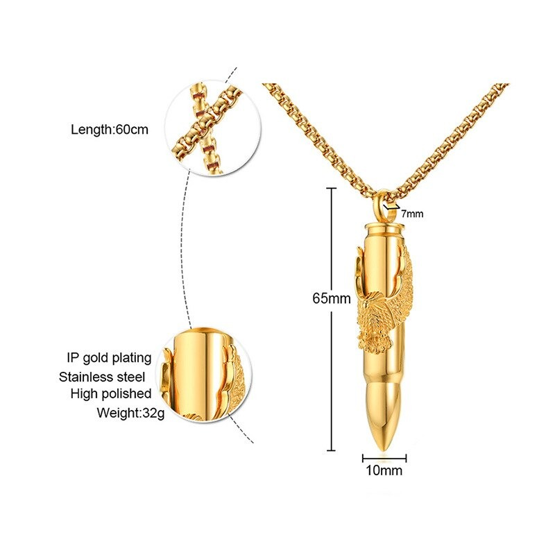 Eagle On Bullet Pendant For Men and Women / Necklace Stainless Steel Tough Man Jewelry - HARD'N'HEAVY