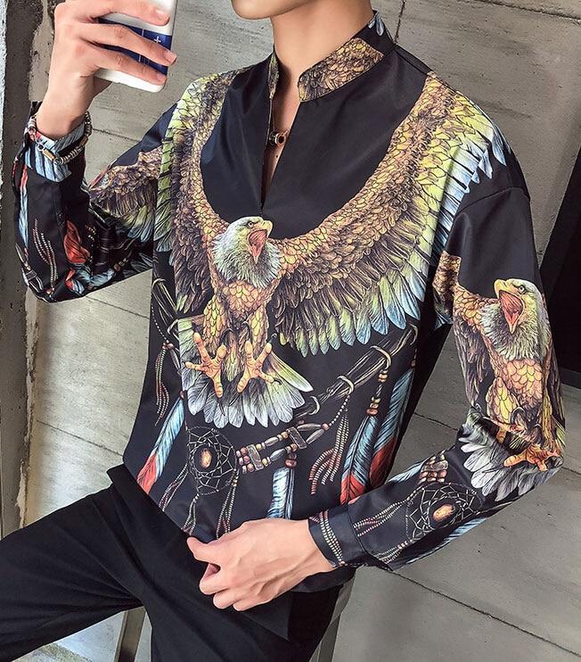 Men's casual black shirt with colorful eagle print and dreamcatcher elements, perfect for alternative fashion.