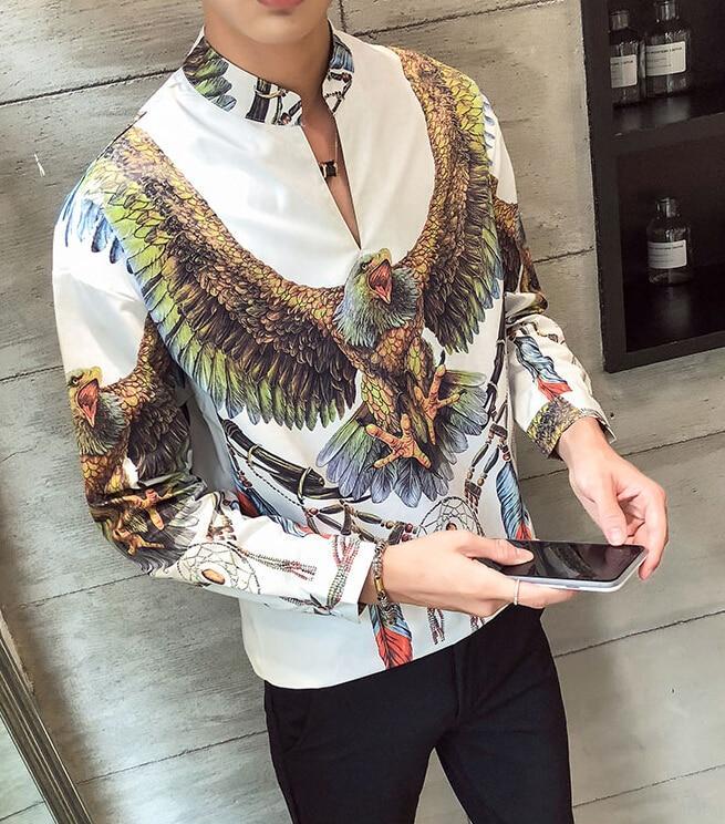 Men's casual slim short sleeve cotton shirt featuring colorful eagle print and dreamcatcher elements.