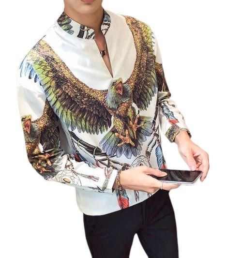 Men's slim fit shirt featuring a colorful eagle print and dreamcatcher elements on a white background.